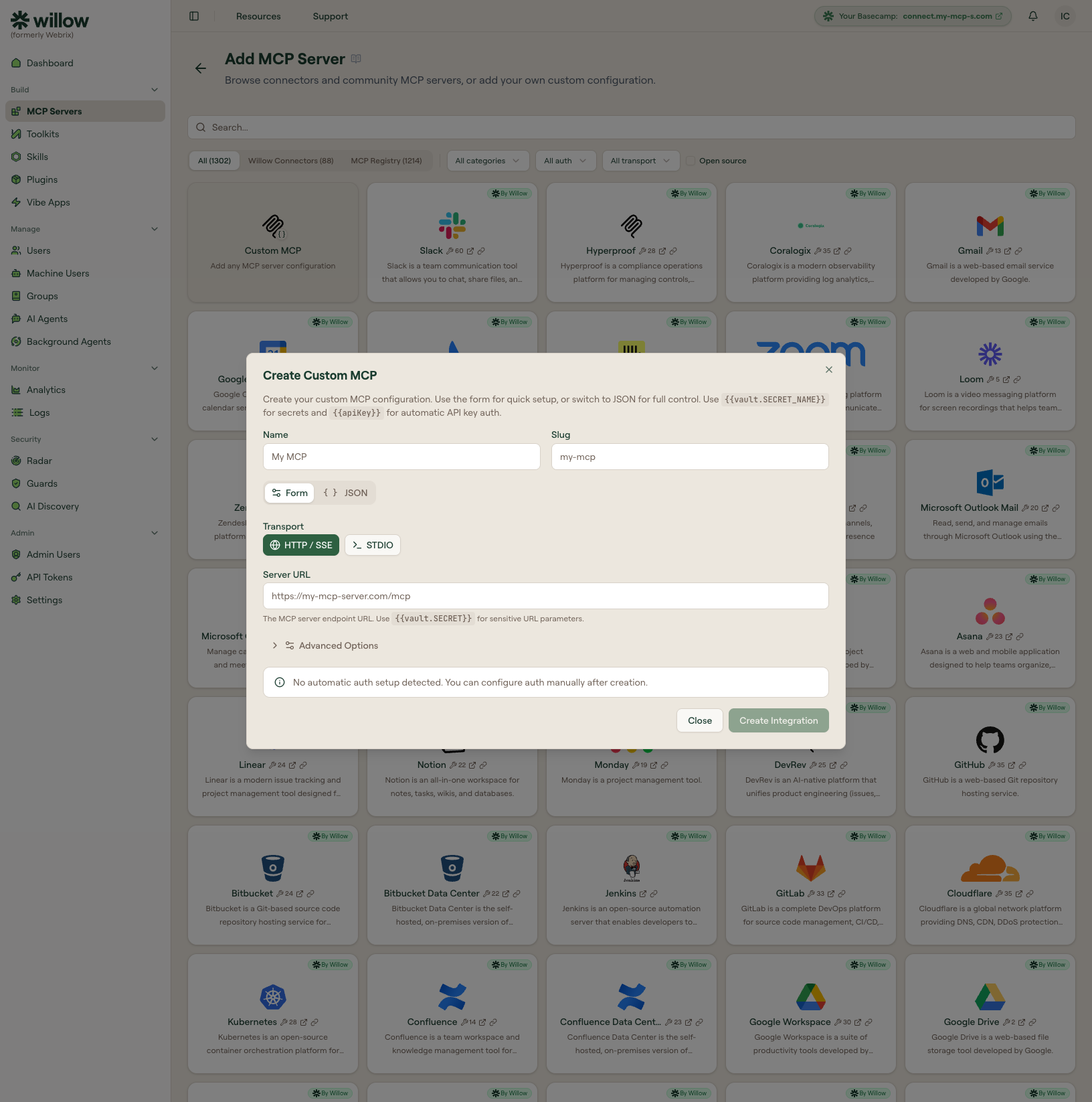 Create Custom MCP dialog