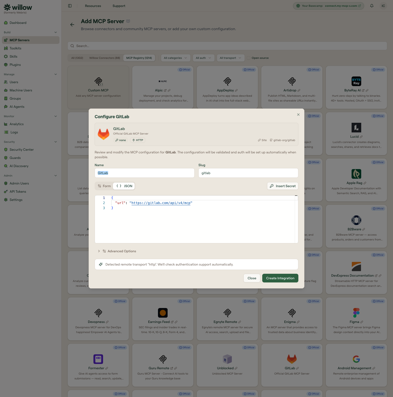 Configure GitHub dialog